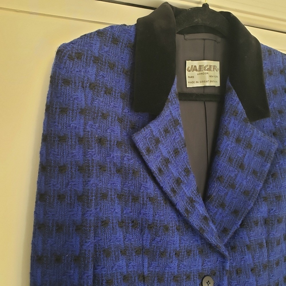 Jaeger London Blazer Jacket Blue Black Patterned Velvet Trim Cobalt - Picture 2 of 13